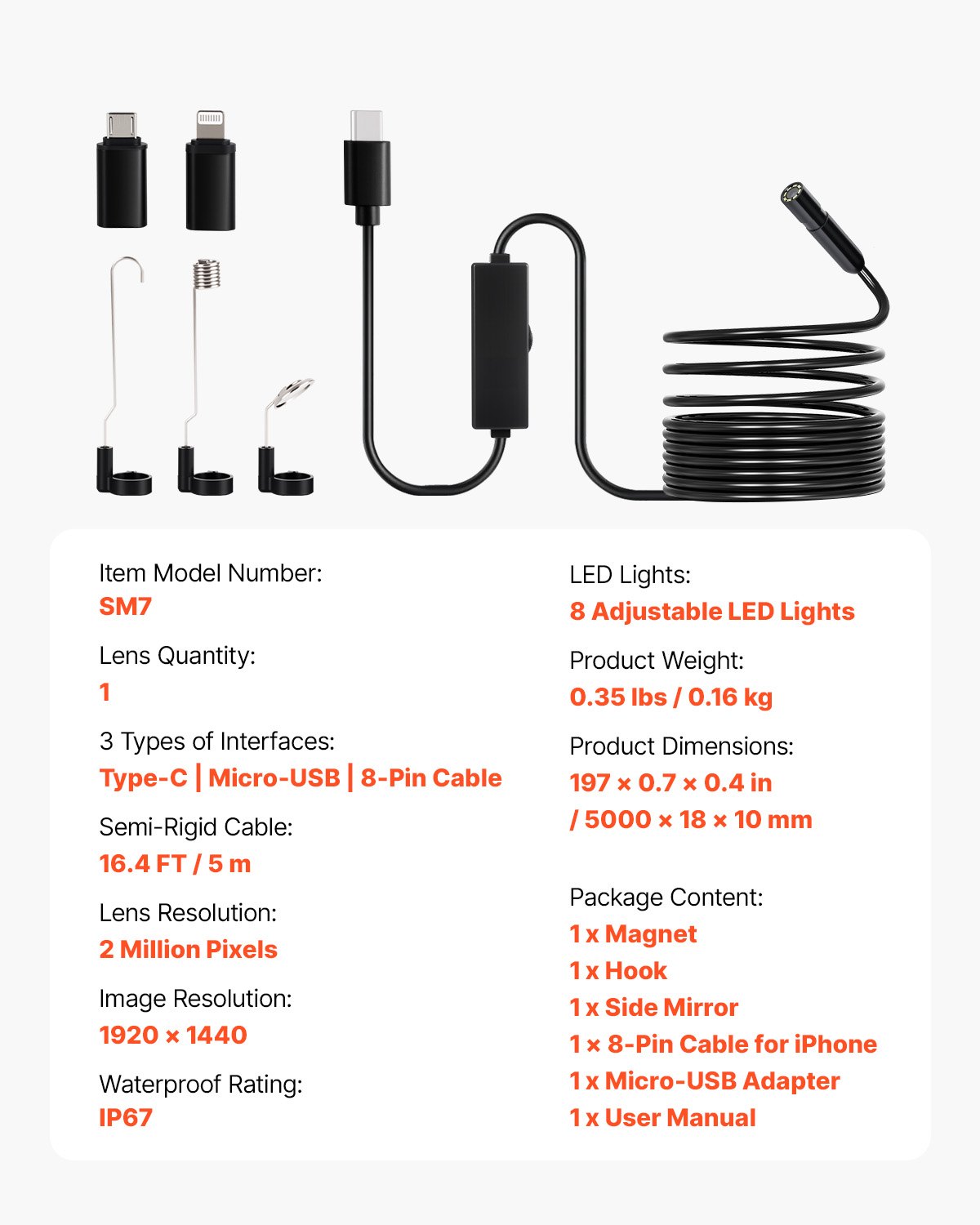 VEVOR Endoscope Camera with Light, 1920P HD Borescope for Android & IOS, 8 LED Lights Inspection Camera with 5m Semi-Rigid Cable, 2X Zoom, IP67 Waterproof Snake Scope Camera for Auto, Plumbing