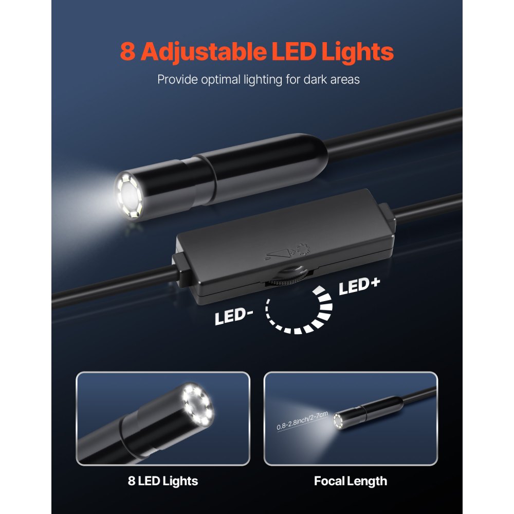 VEVOR Endoscoopcamera met licht, 1920P HD Endoscoop voor Android en iOS, Inspectiecamera met 8 LED-lampjes en 3 m lange kabel, 2x zoom, Waterdichte IP67 Rioolcamera voor auto en loodgieterswerk