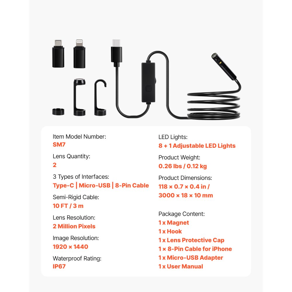 VEVOR endoscoopcamera met licht, endoscoop met dubbele lens voor Android en iOS, 1920P HD-inspectiecamera met 8+1 ledlampen, 2x zoom, 3 m slangkabel, IP67 waterdichte camera voor auto, loodgieterswerk