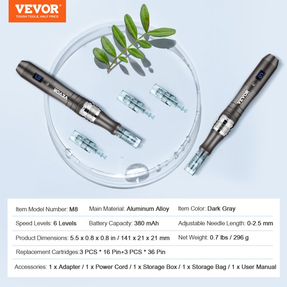 VEVOR Professional Microneedling Pen, Electric Derma Pen with 3 PCS * 16 Pin + 3 PCS * 36 Pin Disposable Cartridge, 6 Variable Speed Skin Care Beauty Device with LCD Display and 0-2.5mm Adjustable Needle Length