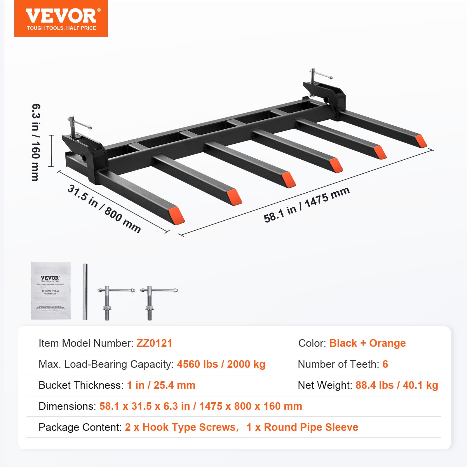 VEVOR Clamp on Debris Forks to 60" Bucket, 4560 lbs Capacity Heavy Duty Clamp on Pallet Forks Bucket Attachments, Fit for Loader Bucket Skidsteer Tractor to Clean up Fallen Limbs Debris or Yard Wwaste