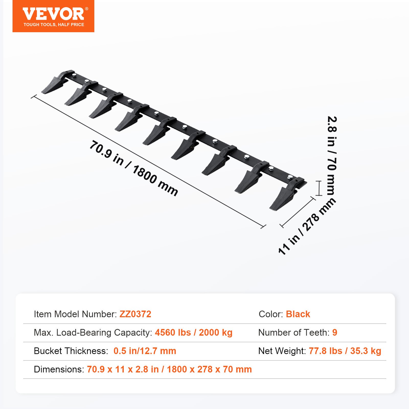 VEVOR-bakrek, 1,8 m zware tractorbak, 9-tands rail voor lader, tractor, schranklader, 2000 kg laadvermogen, boutbevestiging, voor efficiënte grondafgraving en bakbescherming