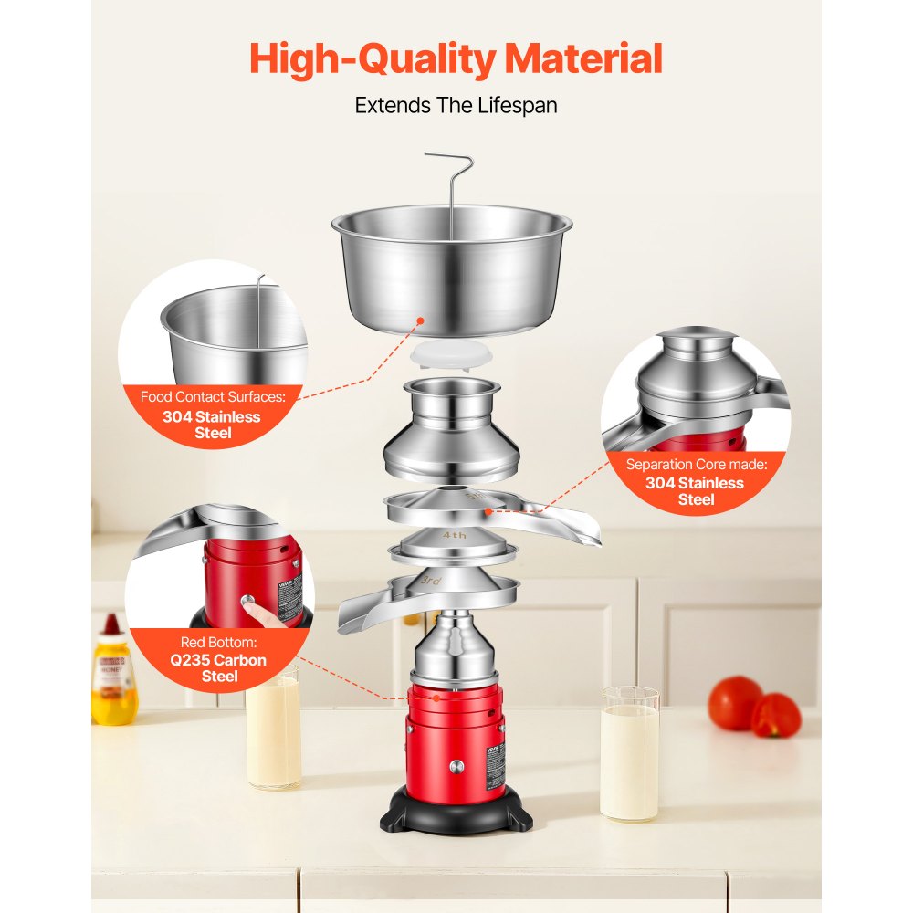 VEVOR Electric Milk Cream Separator, 60L/H Output 10500RPM Milk Cream Centrifugal Separator, 304 Stainless Steel Goat Cow Milk Skimmer Separating Machine with 4.5L Bowl Capacity (40W, 100-240V)