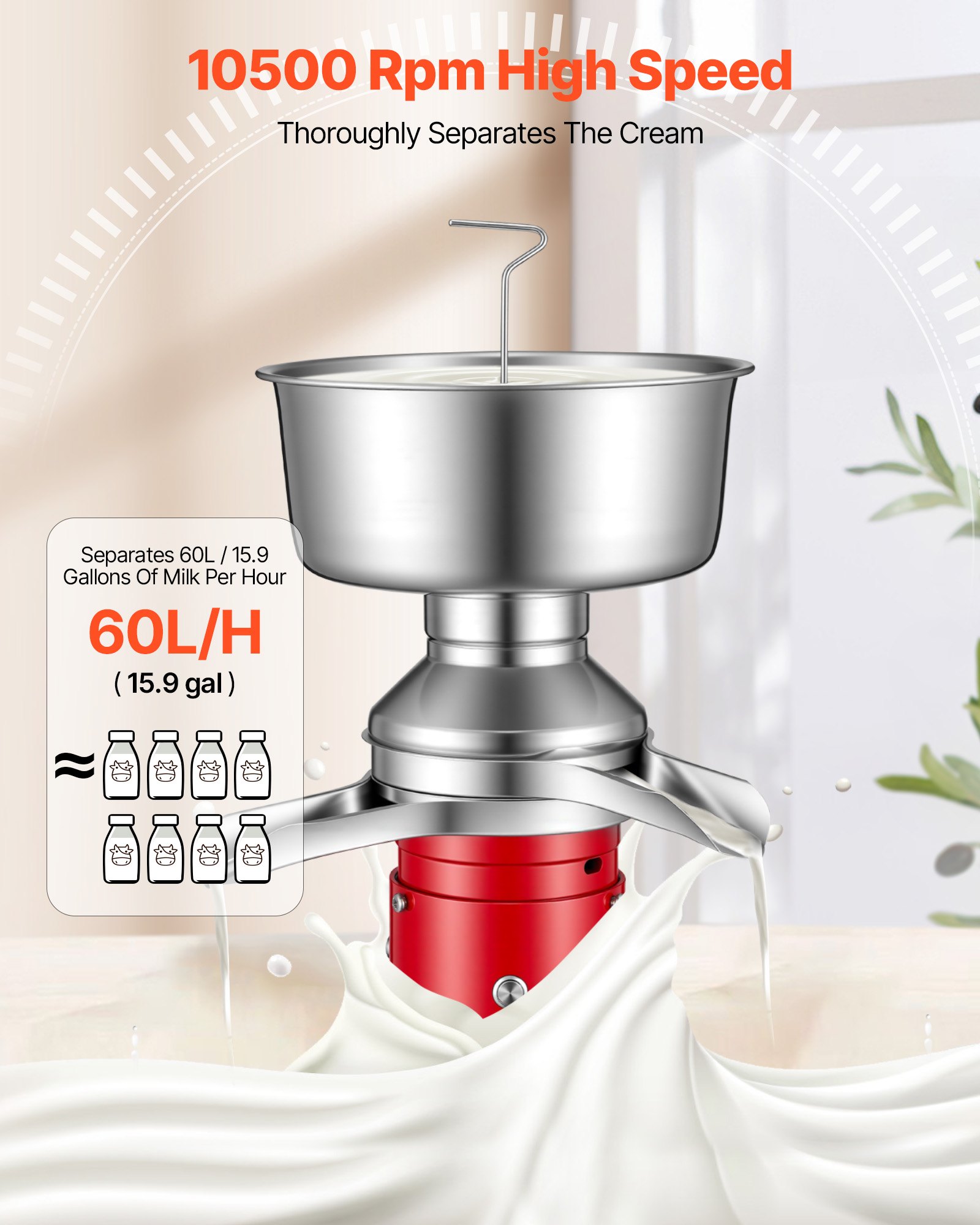 VEVOR Electric Milk Cream Separator, 60L/H Output 10500RPM Milk Cream Centrifugal Separator, 304 Stainless Steel Goat Cow Milk Skimmer Separating Machine with 4.5L Bowl Capacity (40W, 100-240V)