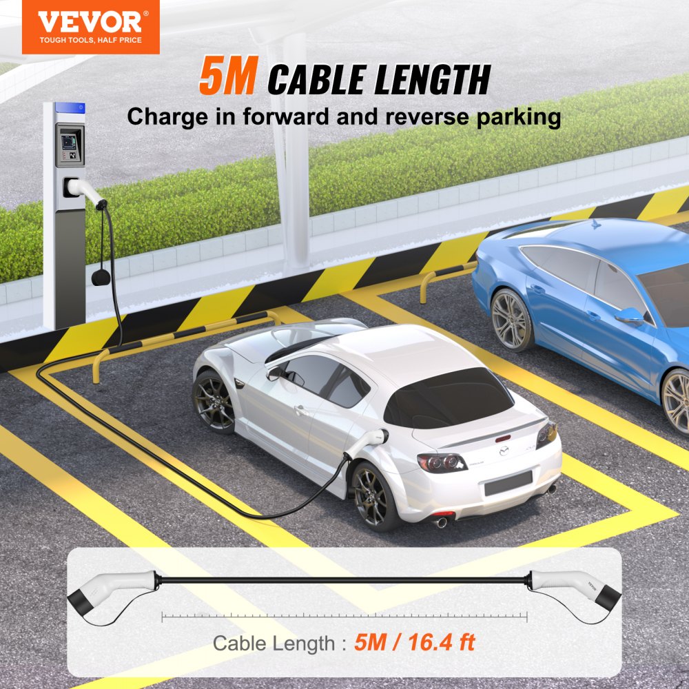 VEVOR Type 2 laadkabel voor elektrische/hybride EV's, laadkabel voor e-cars, wallbox 11kW TPU laadkabel, 5 meter kabellengte, 3-fasen AC 380V, Type 2 naar Type 2, water- en stofbestendig, compatibel met alle Type 2 modellen.