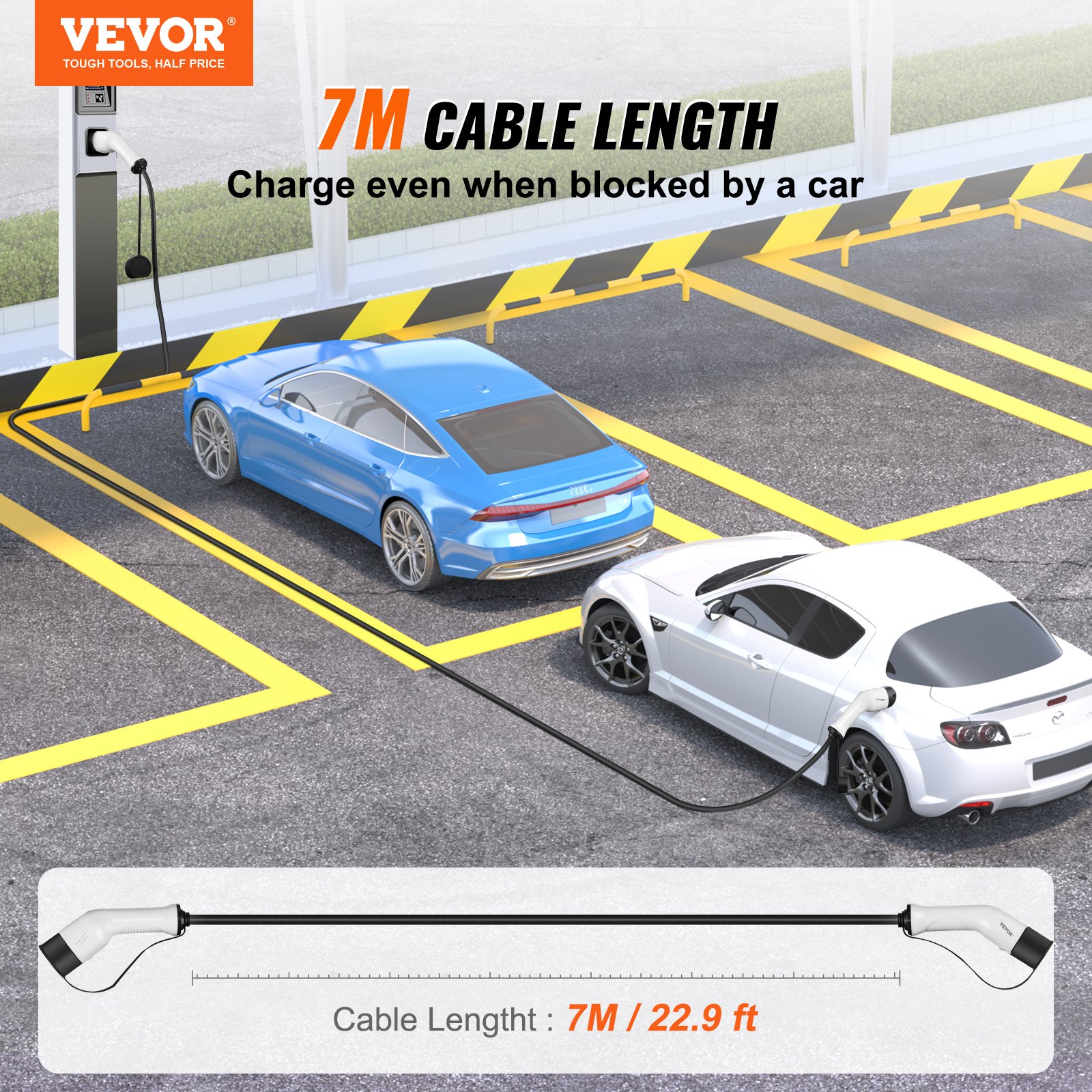 VEVOR Type 2 laadkabel voor elektrische/hybride EV's, laadkabel voor e-cars, wallbox 22kW, TPU laadkabel, 7 meter kabellengte, 3-fasen AC 380V, Type 2 naar Type 2, water- en stofbestendig, compatibel met alle Type 2 modellen.