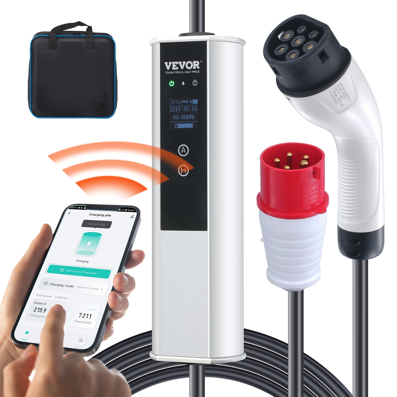 VEVOR Type 2 EV-laadkabel 16A 3,68kW (enkele fase) / 11kW (drie fasen) Elektrische autolader IP66 Wallbox 7,5m kabel Laadkabel 4 niveaus van stroomaanpassing (16A/13A/10A/8A) Lader CEE 16-stekker