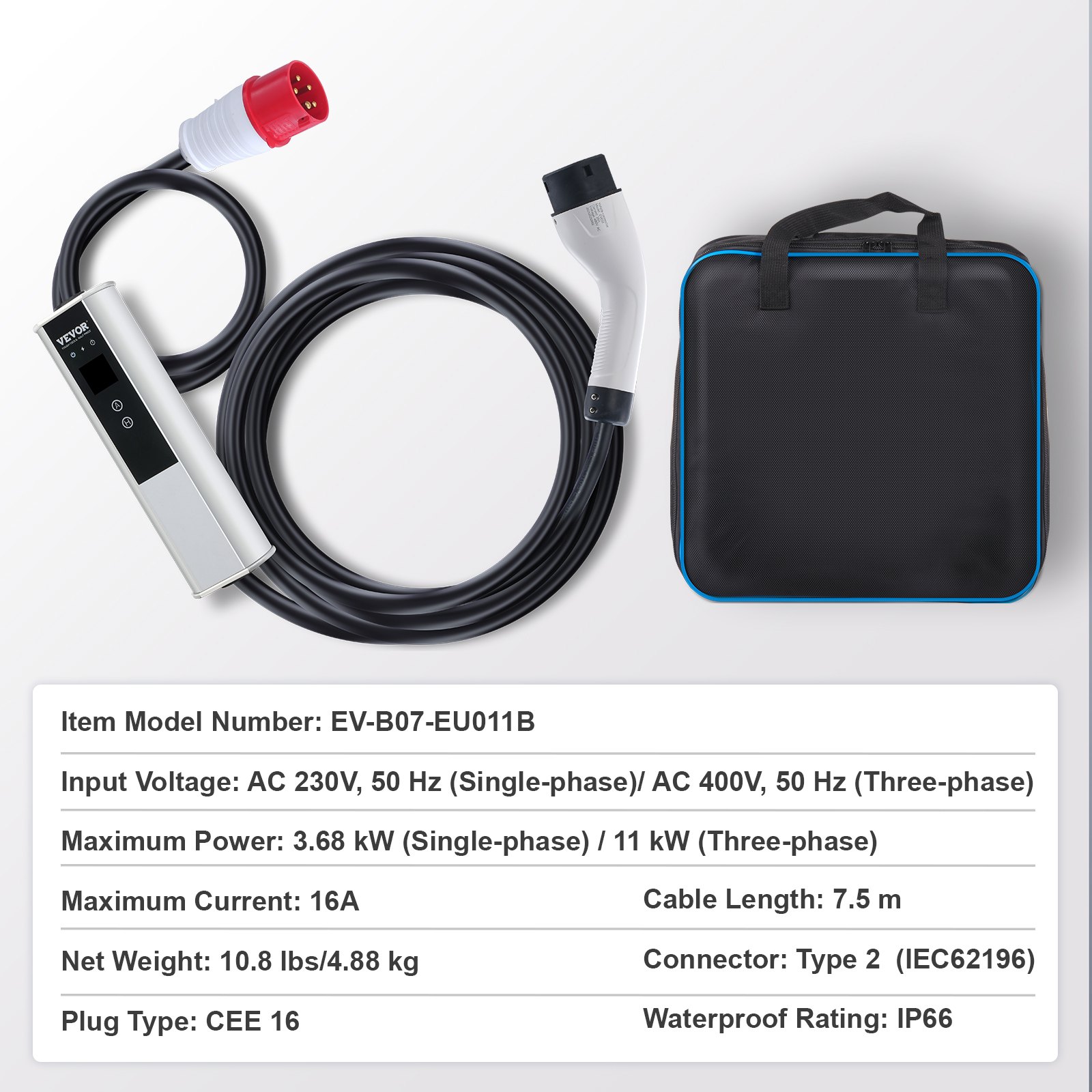 VEVOR Type 2 EV-laadkabel 16A 3,68kW (enkele fase) / 11kW (drie fasen) Elektrische autolader IP66 Wallbox 7,5m kabel Laadkabel 4 niveaus van stroomaanpassing (16A/13A/10A/8A) Lader CEE 16-stekker