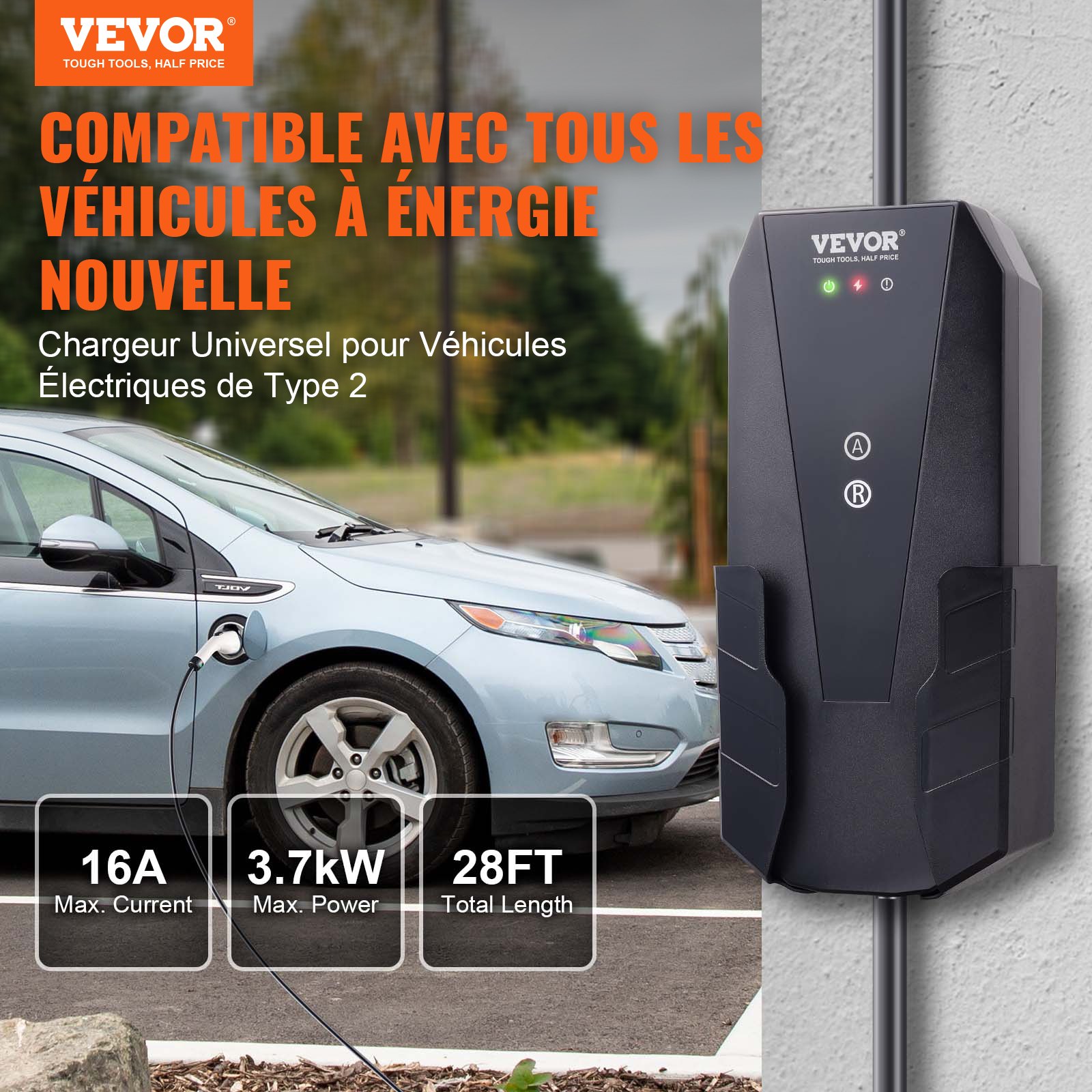 VEVOR Draagbare EV-lader 3,68 kW Elektrische voertuiglader EV-laadkabel Type 2 (IEC62196) CEE 7/7-stekker 8-16A 1-fase EV-laadstation 8,6 m kabellengte IP66 waterdichte wanddoos