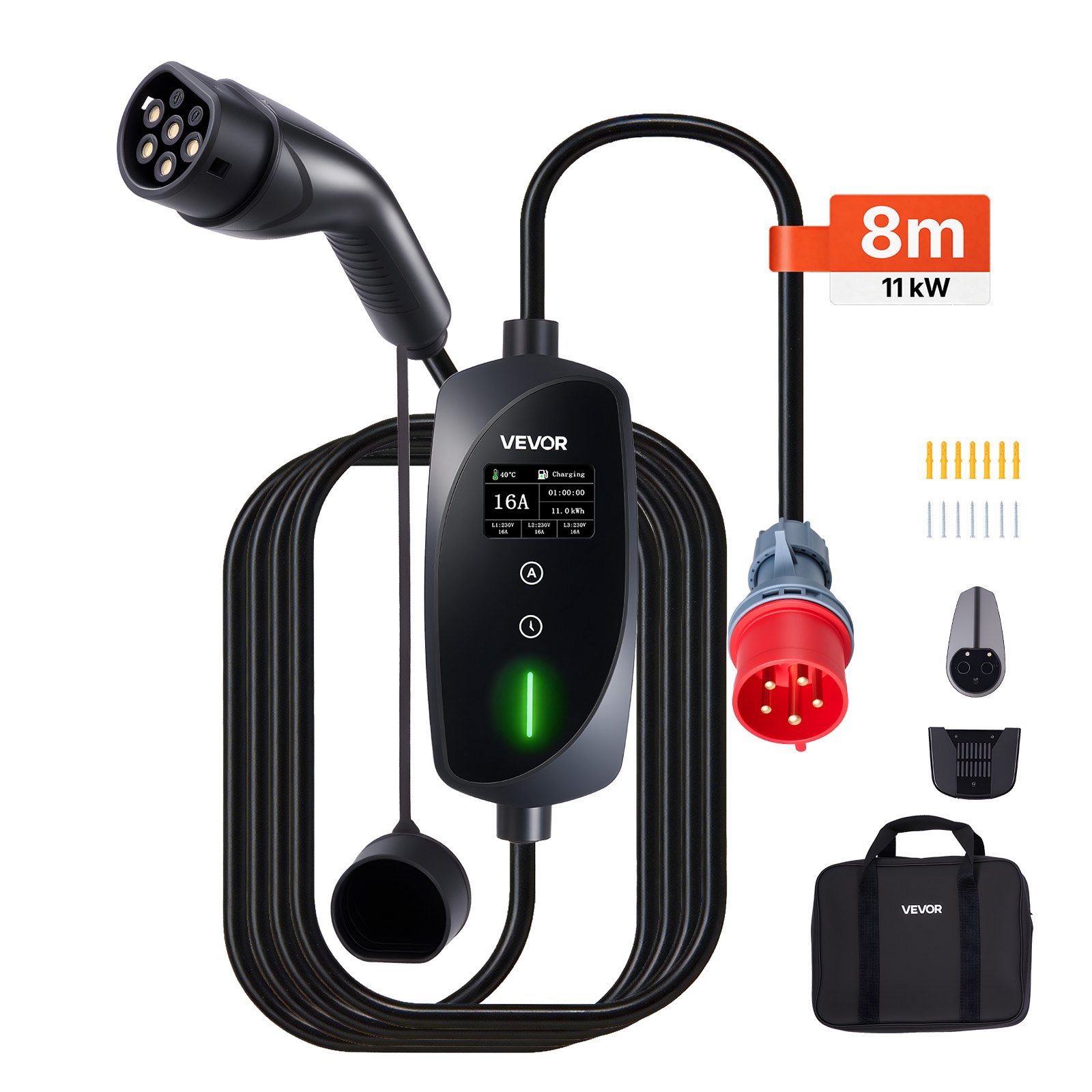 VEVOR Mobiele Wallbox, 11 kW 16 A, Type 2 Laadstation, Draagbare 3-fasenlader met 8 m laadkabel, CEE16-stekker, LCD-scherm, IP66-besturingseenheid, Voeding voor elektrische voertuigen