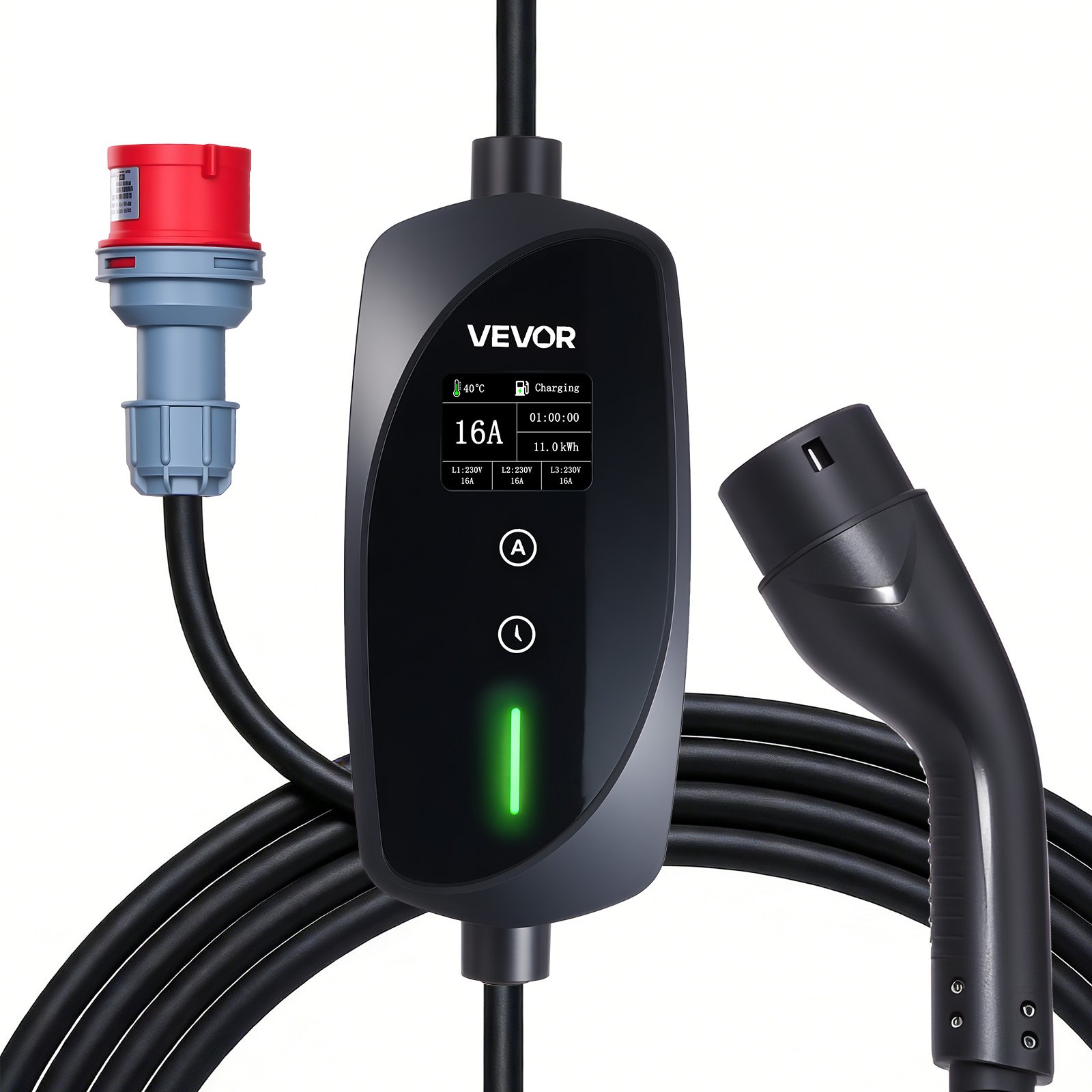 VEVOR Mobiele Wallbox, 11 kW 16 A, Type 2 Laadstation, Draagbare 3-fasenlader met 8 m laadkabel, CEE16-stekker, LCD-scherm, IP66-besturingseenheid, Voeding voor elektrische voertuigen