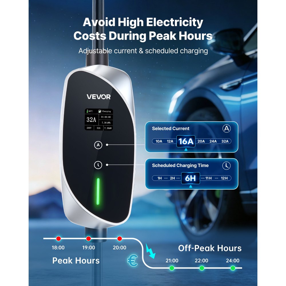 VEVOR Mobile Wallbox, 7,4 kW, 32 A, Type 2 laadstation, draagbare eenfasige lader met 6 m laadkabel, CEE-stekker, LCD-scherm, IP66-besturingseenheid, voeding voor elektrische voertuigen
