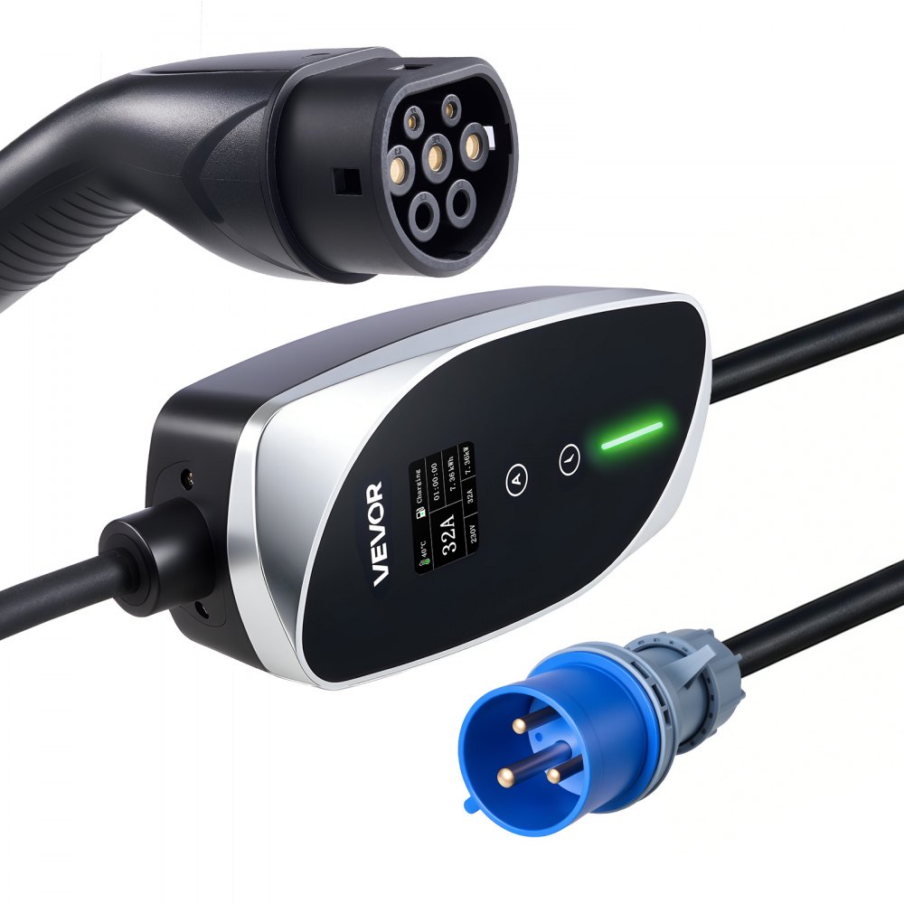 VEVOR Mobile Wallbox, 7,4 kW, 32 A, Type 2 laadstation, draagbare eenfasige lader met 6 m laadkabel, CEE-stekker, LCD-scherm, IP66-besturingseenheid, voeding voor elektrische voertuigen