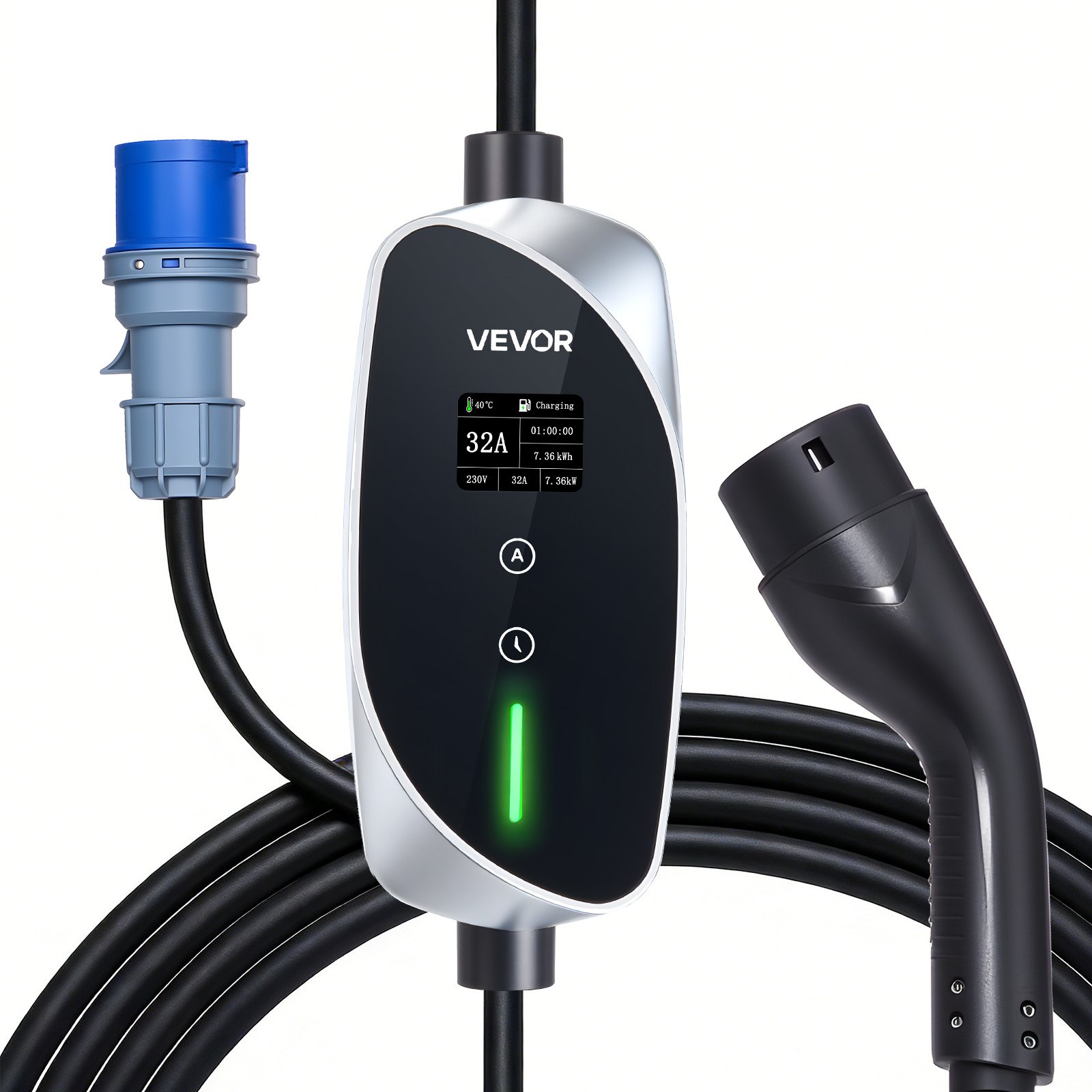 VEVOR Mobile Wallbox, 7,4 kW, 32 A, Type 2 laadstation, draagbare eenfasige lader met 6 m laadkabel, CEE-stekker, LCD-scherm, IP66-besturingseenheid, voeding voor elektrische voertuigen