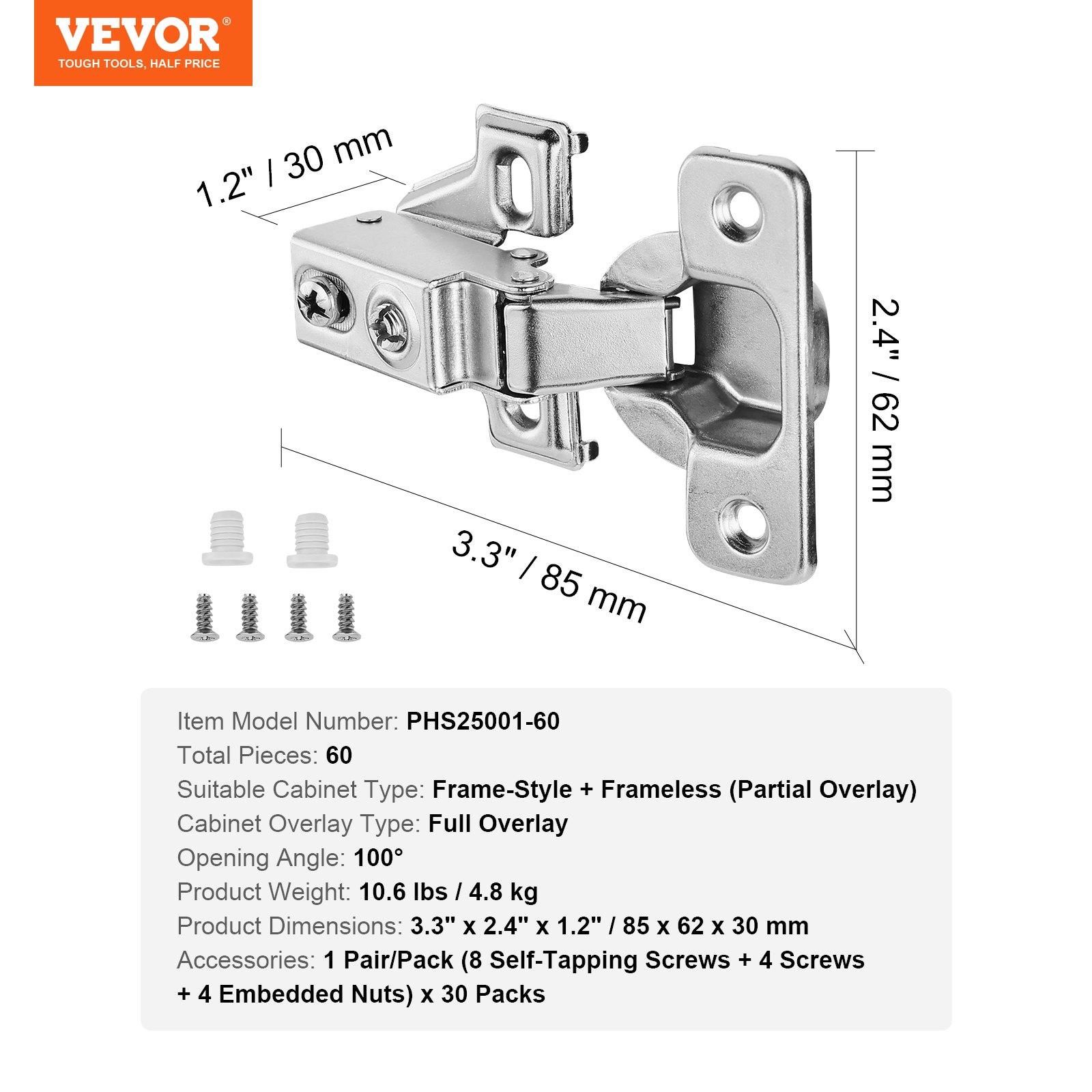 VEVOR Cabinet Hinges, 60 Packs Partial Overlay Kitchen Cabinet Door Hinges, 100 Degree Opening Angel Soft Close Concealed Cupboard Hinges for Framed + Frameless Cabinet Type, with Mounting Screws