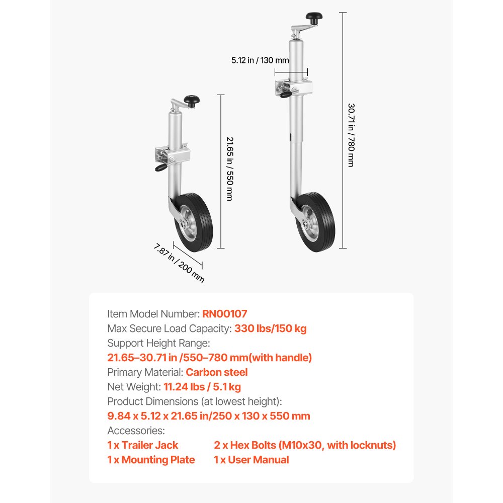 VEVOR steunwiel, draagvermogen tot 150 kg, neuswiel in hoogte verstelbaar van 550–780 mm, aanhangerwiel, aanhangersteun met enkel wiel en ergonomische handgreep, geschikt voor aanhangers, caravans en boten.