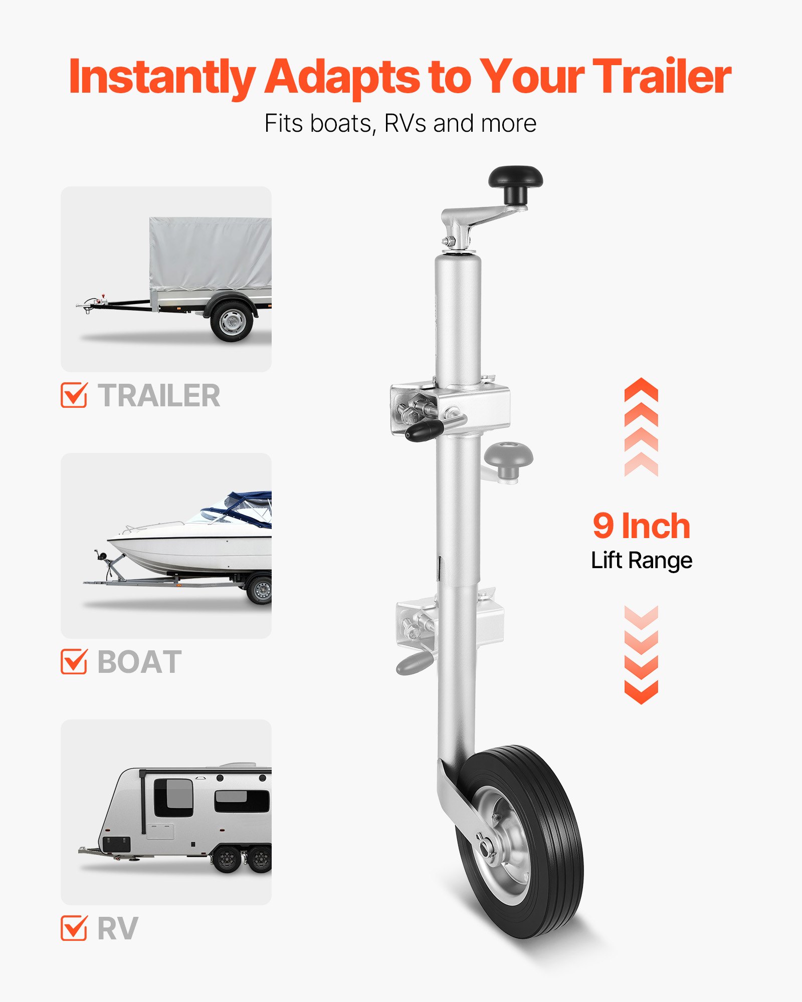 VEVOR steunwiel, draagvermogen tot 150 kg, neuswiel in hoogte verstelbaar van 550–780 mm, aanhangerwiel, aanhangersteun met enkel wiel en ergonomische handgreep, geschikt voor aanhangers, caravans en boten.