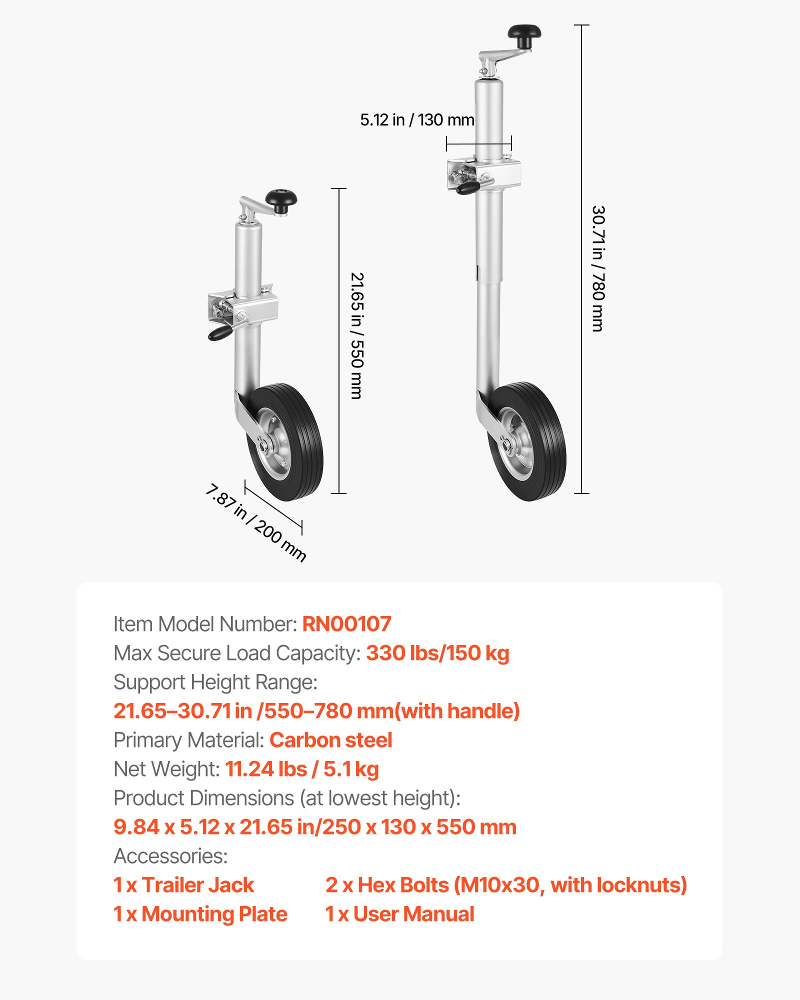 VEVOR steunwiel, draagvermogen tot 150 kg, neuswiel in hoogte verstelbaar van 550–780 mm, aanhangerwiel, aanhangersteun met enkel wiel en ergonomische handgreep, geschikt voor aanhangers, caravans en boten.