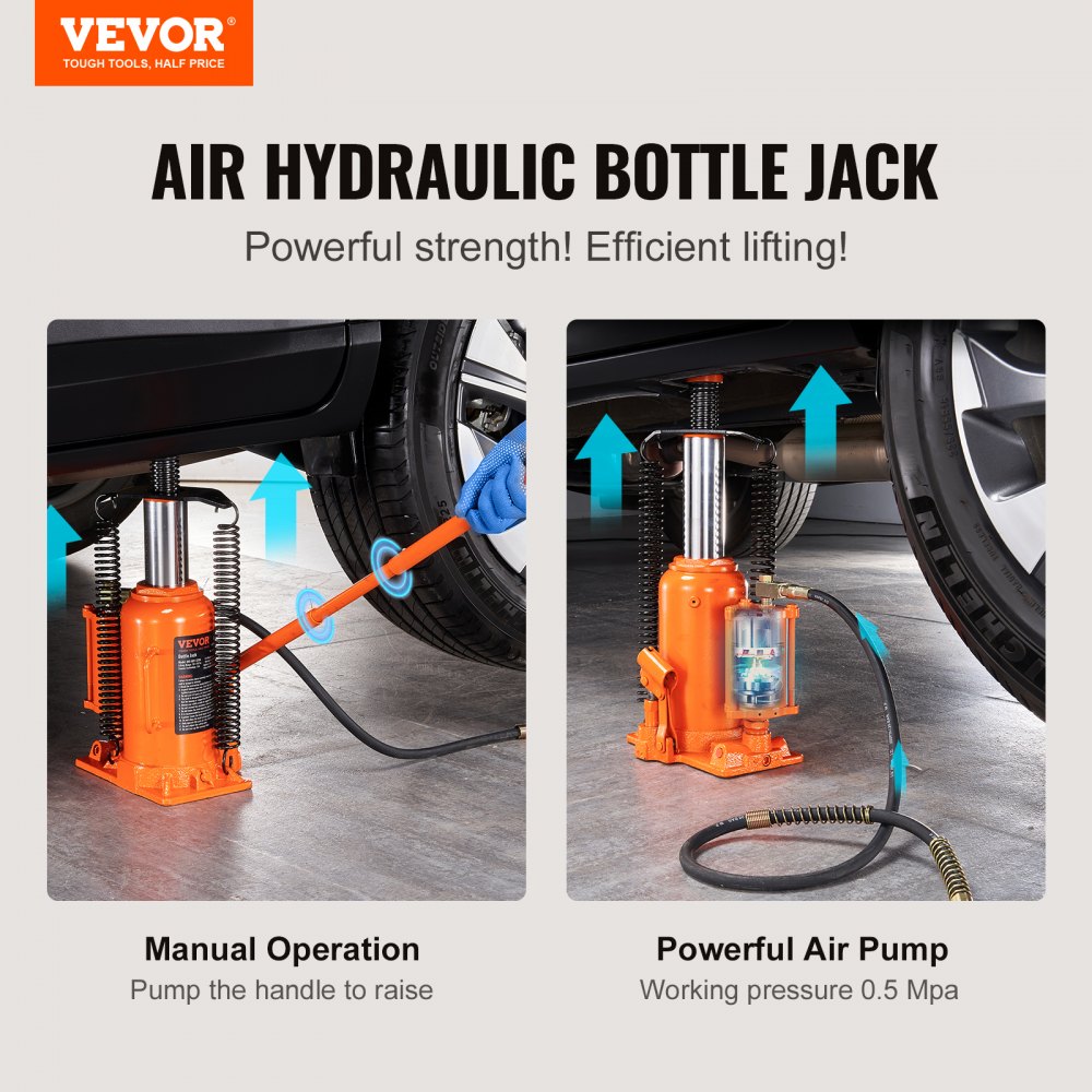 VEVOR Air Hydraulic Bottle Jack, 20 Ton/40000 LBS All Welded Bottle Jack, 265 - 500 mm Lifting Range, Manual Handle and Air Pump, for Car, Pickup, Truck, RV, Auto Repair, Industrial Engineering