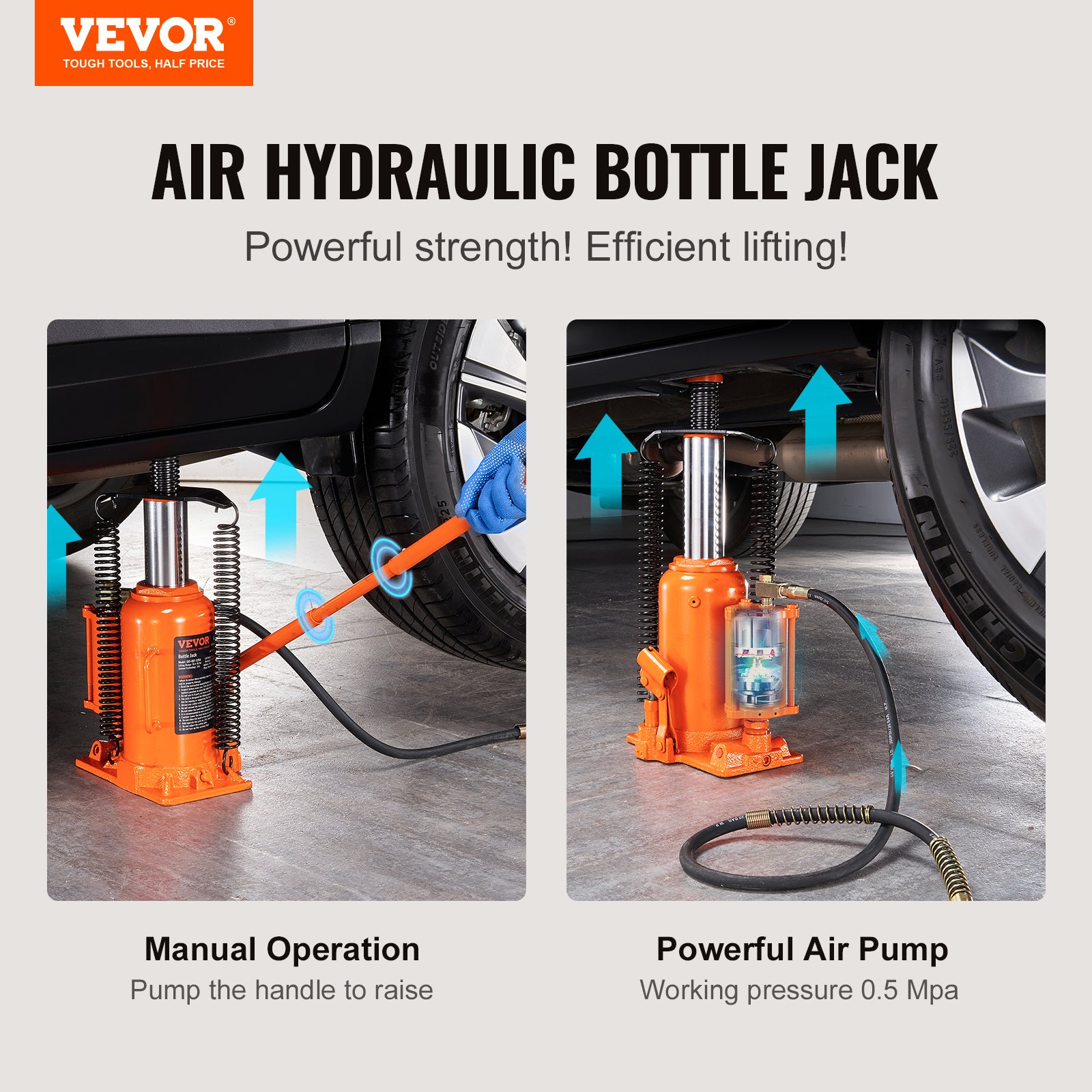 VEVOR Air Hydraulic Bottle Jack, 20 Ton/40000 LBS All Welded Bottle Jack, 265 - 500 mm Lifting Range, Manual Handle and Air Pump, for Car, Pickup, Truck, RV, Auto Repair, Industrial Engineering
