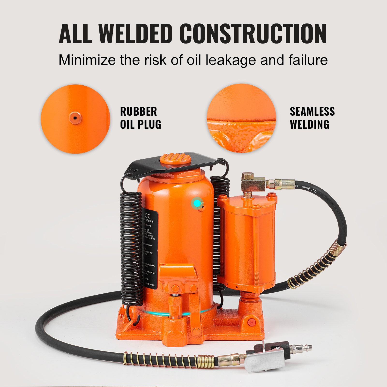 VEVOR Air Hydraulic Bottle Jack, 20 Ton/40000 LBS All Welded Bottle Jack, 265 - 500 mm Lifting Range, Manual Handle and Air Pump, for Car, Pickup, Truck, RV, Auto Repair, Industrial Engineering