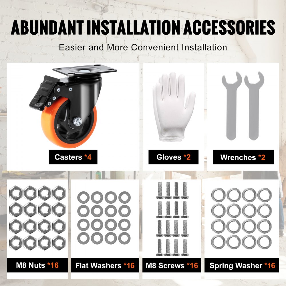 VEVOR Meubelwielen Set van 4 Zwenkwielen PVC φ101.6mm Wielen Draagvermogen 635kg Transportwielen met A/B Remmen Bakwielen 360° Draaibaar Zware Wielen voor Huizen Kantoren Studio's Fabrieken