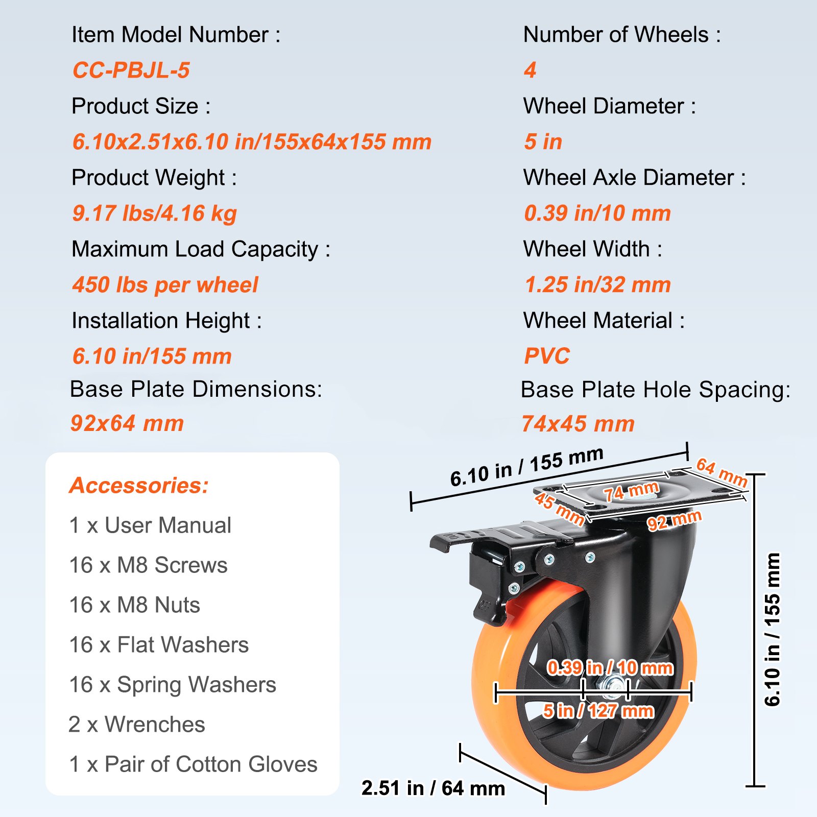 VEVOR Meubelwielen Set van 4 Zwenkwielen PVC φ127mm Wielen Draagvermogen 816kg Transportwielen met A/B Remmen Bakwielen 360° Draaibaar Zware Wielen voor Huizen Kantoren Studio's Fabrieken