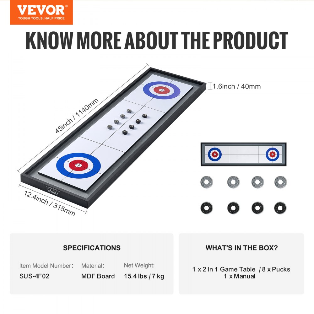 VEVOR Shuffleboard en Curling 2-in-1 bordspellen, 45 inch draagbare tafelset, tweezijdige tafelshuffleboard met 8 rollende pucks, shuffleboard en curling combospelset voor kinderen en gezin