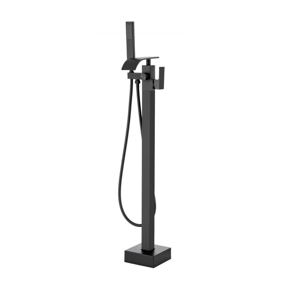 modern black VEVOR freestanding bathtub faucet with handheld showerhead.