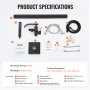 VEVOR freestanding bathtub faucet parts, including shower head, hose, base plate, and installation guide.