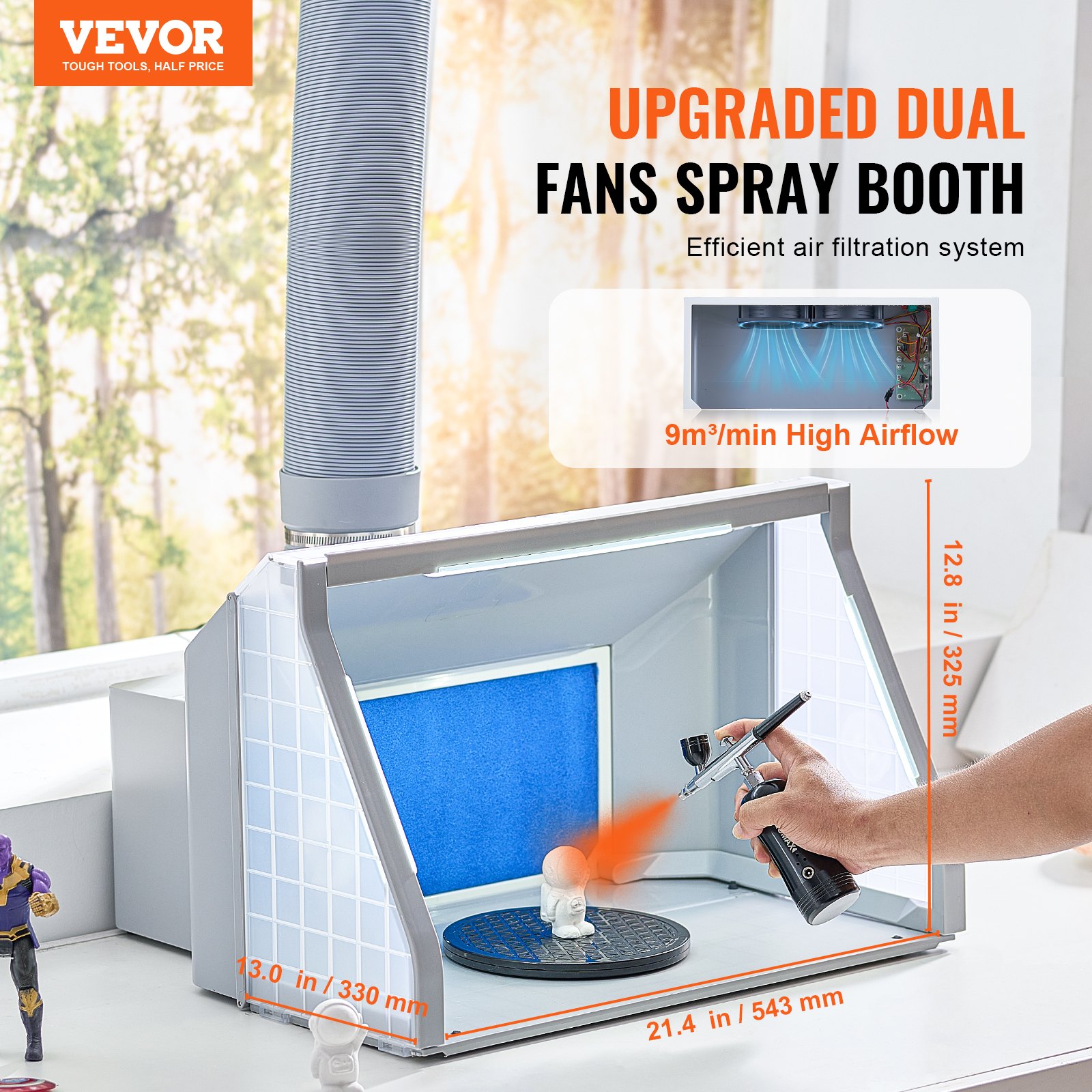 VEVOR Airbrush Spray Booth, Dual-Fans Portable Hobby Airbrush Paint Spray Booth Kit with LED Lights and Exhaust Extension Hose, Airbrush Paint Booth for Painting Models, Arts, Crafts, Cakes
