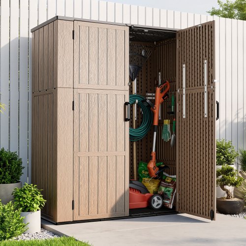 VEVOR Tuinhuis/Gereedschapsschuur/Tuinhuis 1420x670x1760 mm Bruin, voor Garage, Terras & Tuin, met afsluitbare deur & afgeronde hoeken, HDPE-hars, Waterdicht, Draagvermogen tot 59 kg