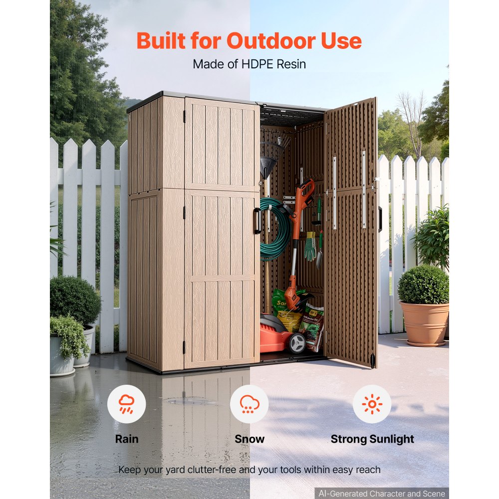 VEVOR Tuinhuis/Gereedschapsschuur/Tuinhuis 1420x670x1760 mm Bruin, voor Garage, Terras & Tuin, met afsluitbare deur & afgeronde hoeken, HDPE-hars, Waterdicht, Draagvermogen tot 59 kg