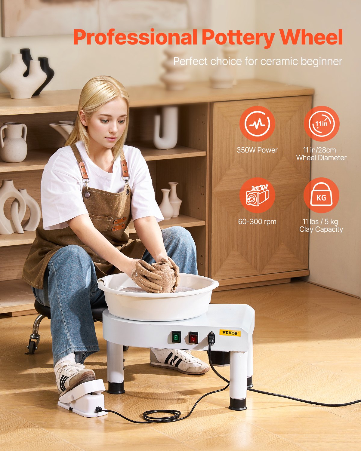 VEVOR Pottenbakkerswiel Vormmachine 28 cm Keramische Wiel Vormmachine met Verstelbaar Pedaal & Verwijderbare Bak, Complete Pottenbakkerswielset voor Kunstnijverheid DIY, Wit