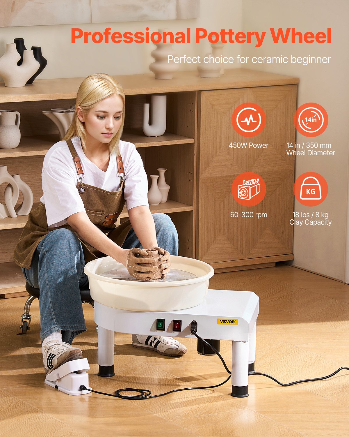 VEVOR Keramisch pottenbakkerswiel, 450W (35cm), met verstelbaar pedaal, hefpoot en afneembaar bassin, pottenbakkerswiel met complete accessoires voor kunstnijverheid, DIY, wit