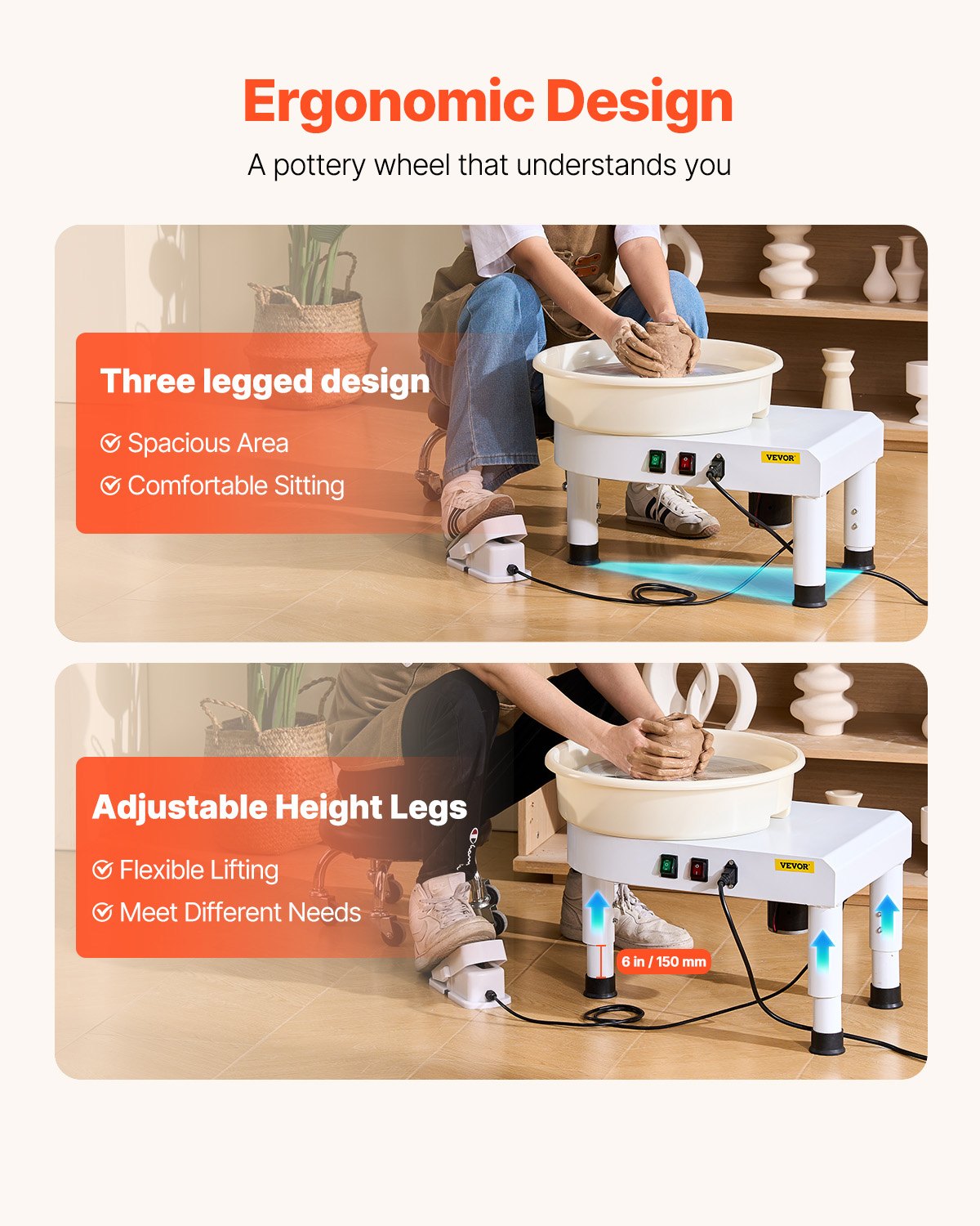 VEVOR Keramisch pottenbakkerswiel, 450W (35cm), met verstelbaar pedaal, hefpoot en afneembaar bassin, pottenbakkerswiel met complete accessoires voor kunstnijverheid, DIY, wit