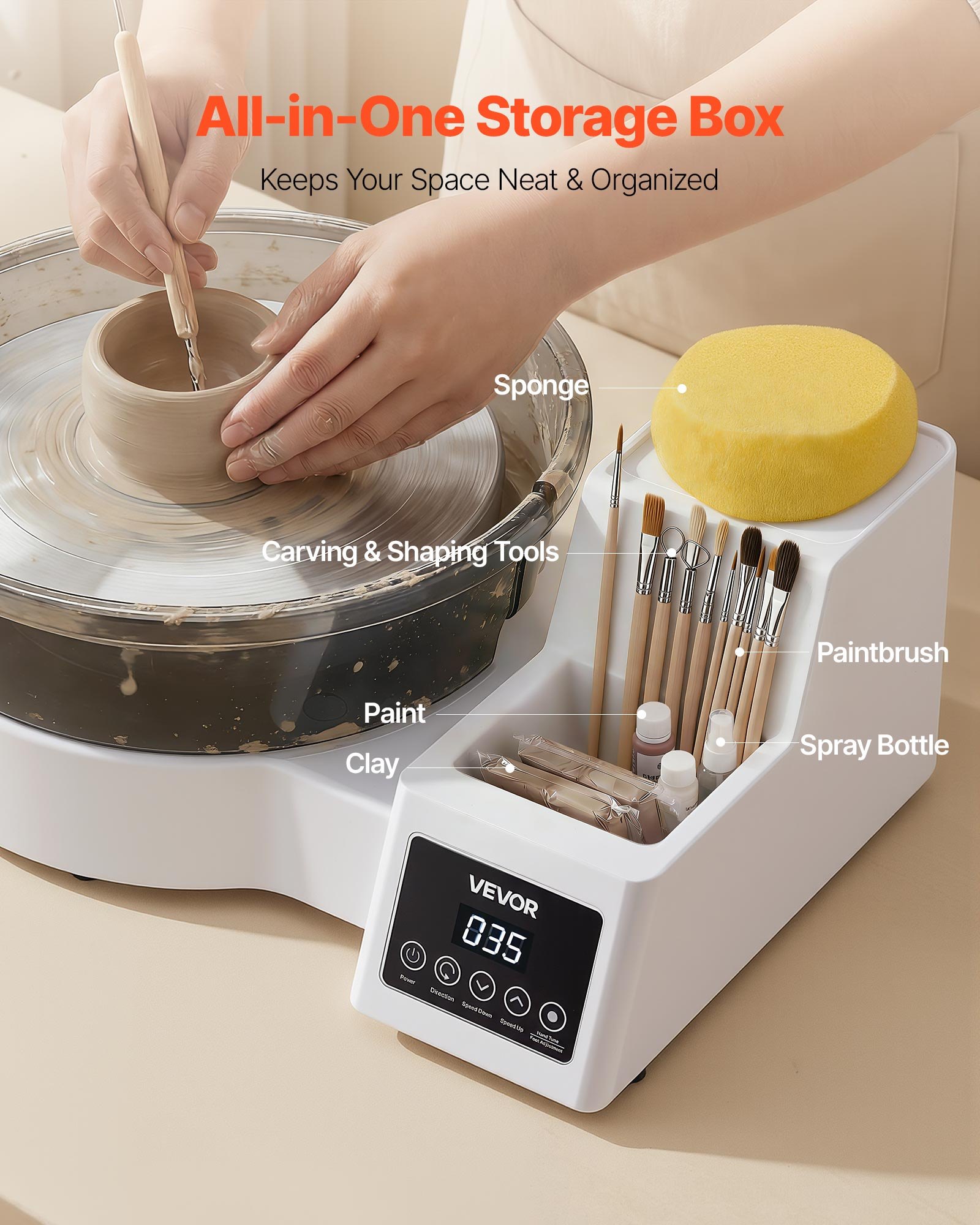 VEVOR elektrische pottenbakkersschijf 450W, draaiplateau 28 cm (aluminium), pottenbakkersmachine met voetpedaal en instelbare snelheid van 30-300 tpm, PP-behuizing, voor beginners in doe-het-zelf kleikunst, wit