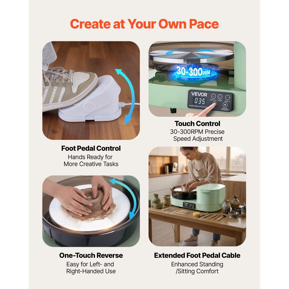 VEVOR elektrische pottenbakkersschijf 450W, draaiplateau 28 cm (aluminium), pottenbakkersmachine met voetpedaal en instelbare snelheid van 30-300 tpm en aluminium behuizing, voor beginners die zelf klei willen maken.