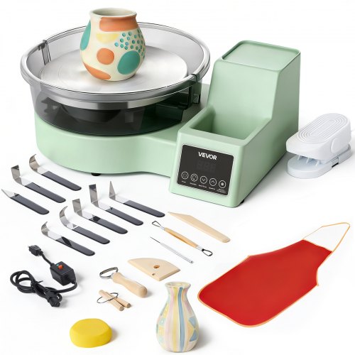 VEVOR elektrische pottenbakkersschijf 450W, draaiplateau 28 cm (aluminium), pottenbakkersmachine met voetpedaal en instelbare snelheid van 30-300 tpm en PP-behuizing, voor beginners die zelf klei willen maken, groen
