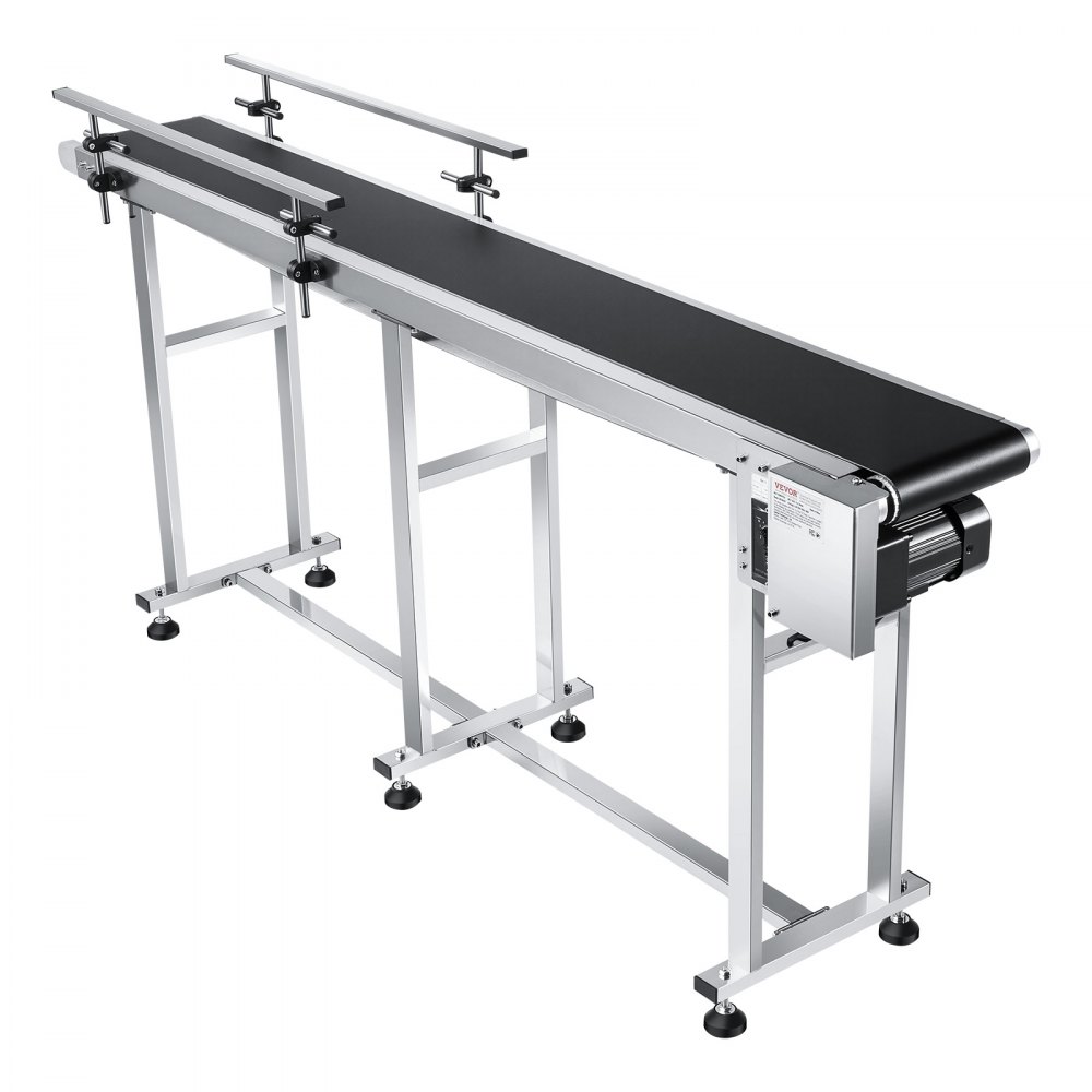 VEVOR-bandtransporteur, 1803,4 x 198,1 mm transporttafel, gemotoriseerde bandtransporteur van roestvrij staal voor inkjetcoderingstoepassingen, aangedreven PVC-band, regelbare snelheid (dubbele vangrail)