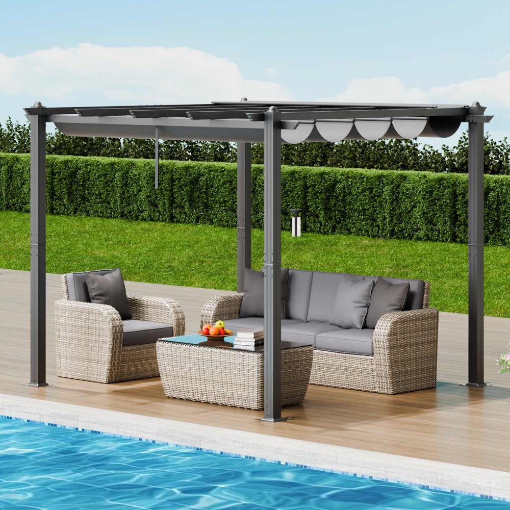 VEVOR 10'x10' Outdoor Retractable Pergola with Canopy, Aluminum Pergola with Retractable Canopy, Modern Pergola with Sun Shade Canopy for Patios, Gardens, Decks, Backyards (Gray)