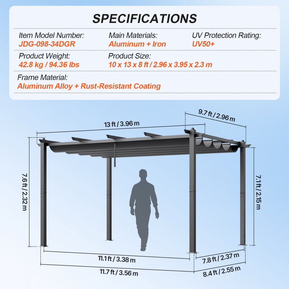 VEVOR 10'x13' Outdoor Retractable Pergola with Canopy, Aluminum Pergola with Retractable Canopy, Modern Pergola with Sun Shade Canopy for Patios, Gardens, Decks, Backyards (Gray)