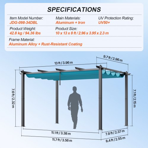 Pergola 2,96 x 3,95 x 2,3 m, prieel met zonnescherm, tuinprieel UV50 UV-beschermingsklasse, patioprieeloverkapping, tuintent voor patio's, tuinen, terrassen, achtertuinen (blauw) | NL
