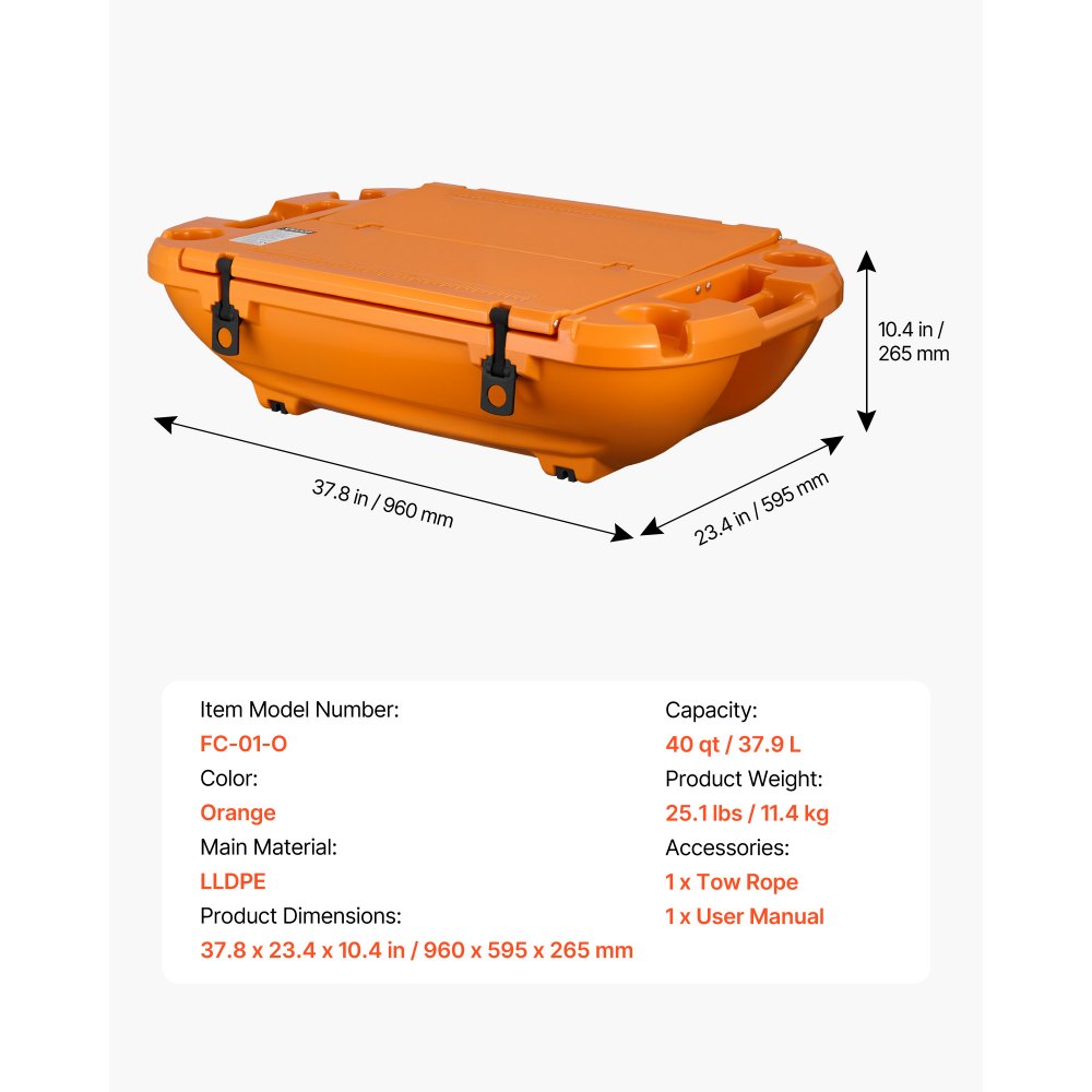 VEVOR Amfibische Drijvende Koelbox, 37,9 liter drijvende drankkoeler met droog compartiment en trekkoord voor water en land, kantelbare koelcontainer gemaakt van LLDPE voor zwembad, rivier, meer, strand, zee, feestjes, oranje