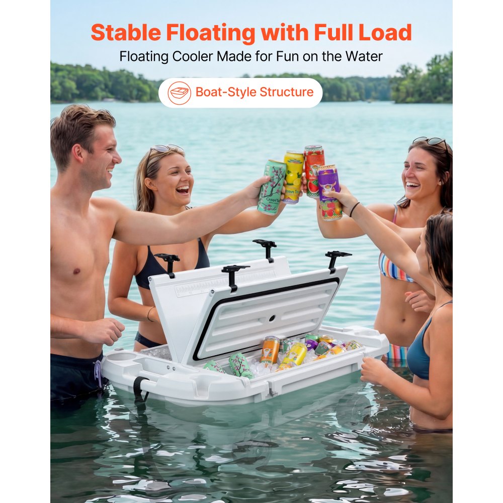 VEVOR Floating Cooler, 40 QT Floating Ice Chest with Dry Storage, Wheels & Tow Rope, Premium LLDPE Amphibious Drink Cooler for Water & Land, Cruise Stable on Lake, River, Pool, Beach, Kayak, White