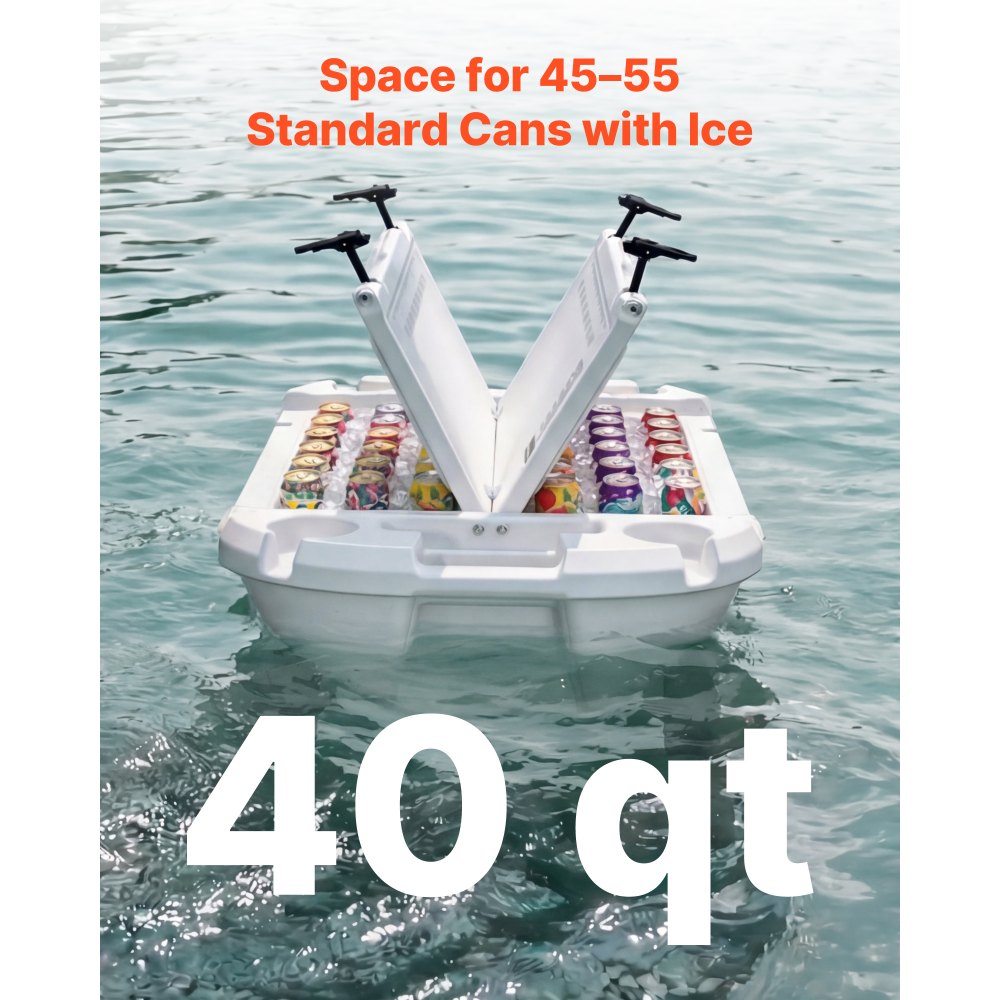VEVOR Floating Cooler, 40 QT Floating Ice Chest with Dry Storage, Wheels & Tow Rope, Premium LLDPE Amphibious Drink Cooler for Water & Land, Cruise Stable on Lake, River, Pool, Beach, Kayak, White