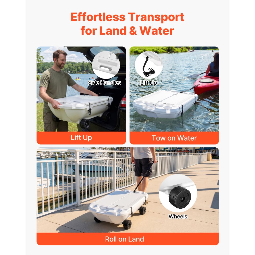 VEVOR Floating Cooler, 40 QT Floating Ice Chest with Dry Storage, Wheels & Tow Rope, Premium LLDPE Amphibious Drink Cooler for Water & Land, Cruise Stable on Lake, River, Pool, Beach, Kayak, White
