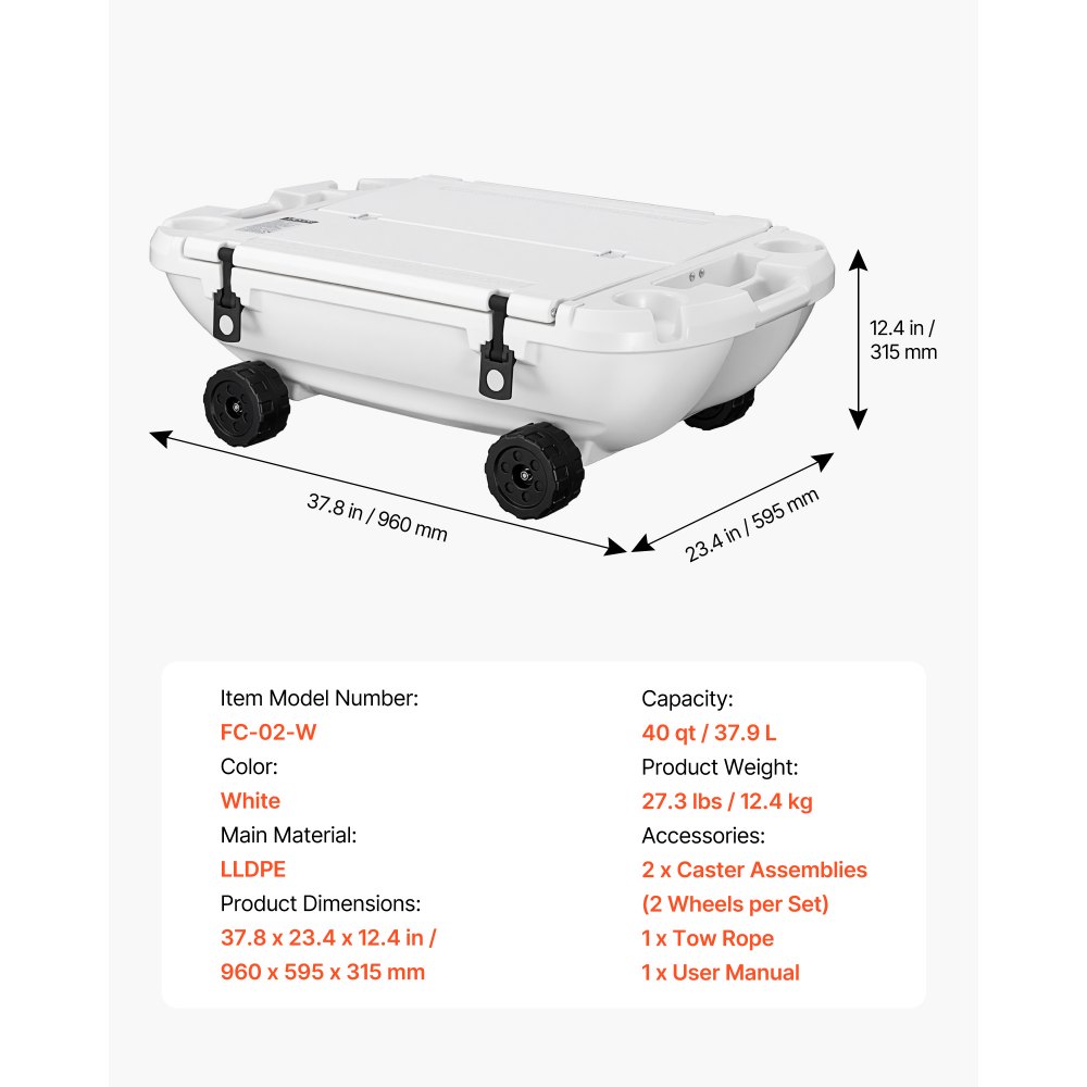 VEVOR Floating Cooler, 40 QT Floating Ice Chest with Dry Storage, Wheels & Tow Rope, Premium LLDPE Amphibious Drink Cooler for Water & Land, Cruise Stable on Lake, River, Pool, Beach, Kayak, White
