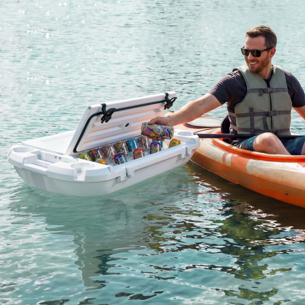 VEVOR Floating Cooler, 40 QT Floating Ice Chest with Dry Storage, Wheels & Tow Rope, Premium LLDPE Amphibious Drink Cooler for Water & Land, Cruise Stable on Lake, River, Pool, Beach, Kayak, White