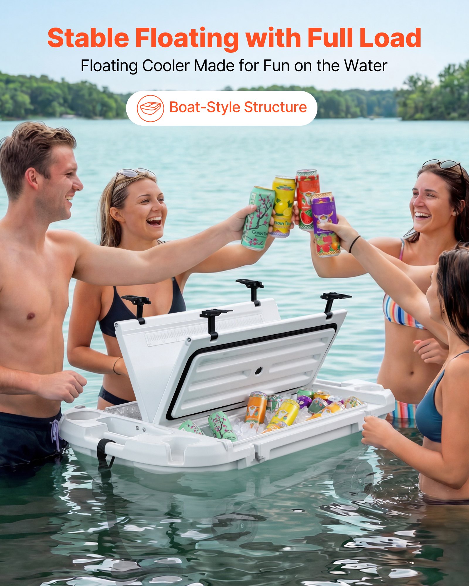 VEVOR Floating Cooler, 40 QT Floating Ice Chest with Dry Storage, Wheels & Tow Rope, Premium LLDPE Amphibious Drink Cooler for Water & Land, Cruise Stable on Lake, River, Pool, Beach, Kayak, White